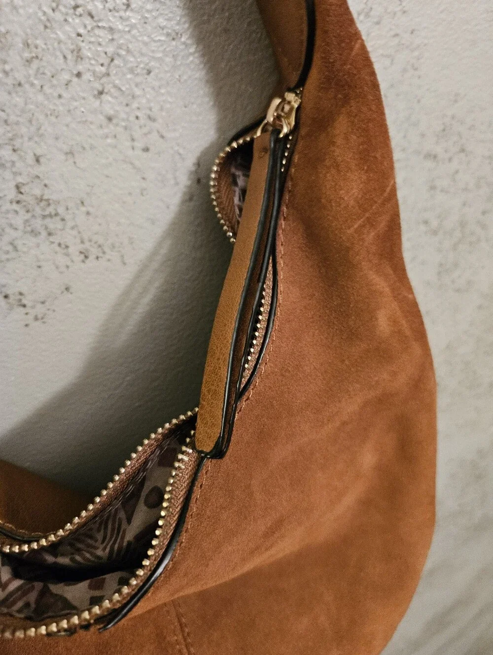 Brown Suede and leather Whipstitch Hobo Shoulder Bag